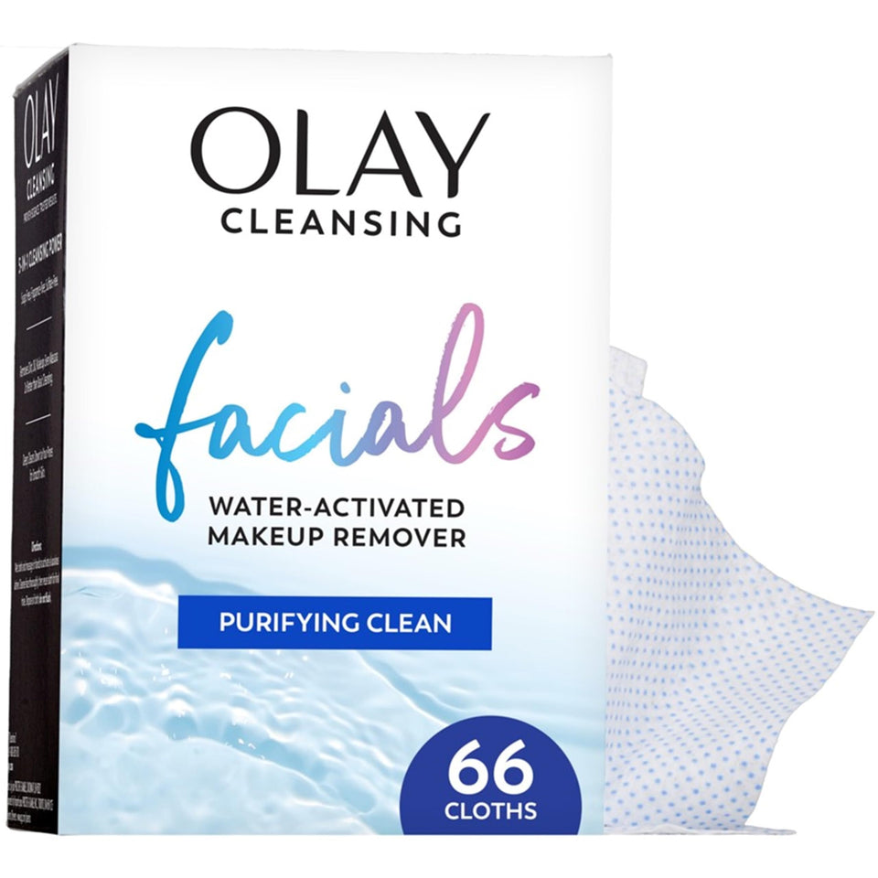 Olay front packaging showing 66-count wipes and benefits