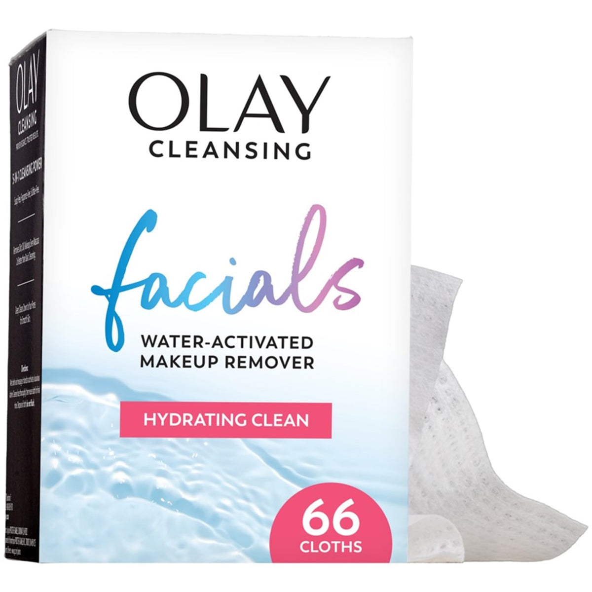Olay front packaging of 66-count dry facial wipes showing travel-friendly convenience