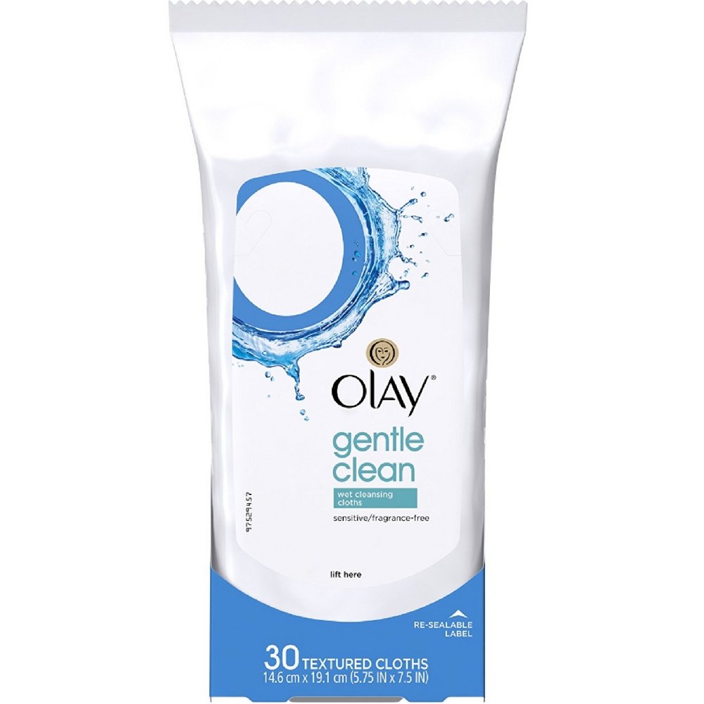Olay front packaging gentle-clean showing tub and label, clears makeup quickly