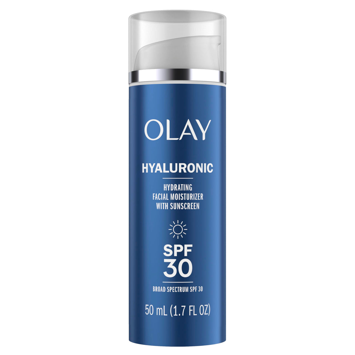 Olay front packaging of hyaluronic SPF30 showing product benefits