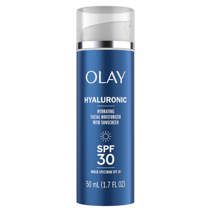 Olay front packaging of hyaluronic SPF30 showing product benefits