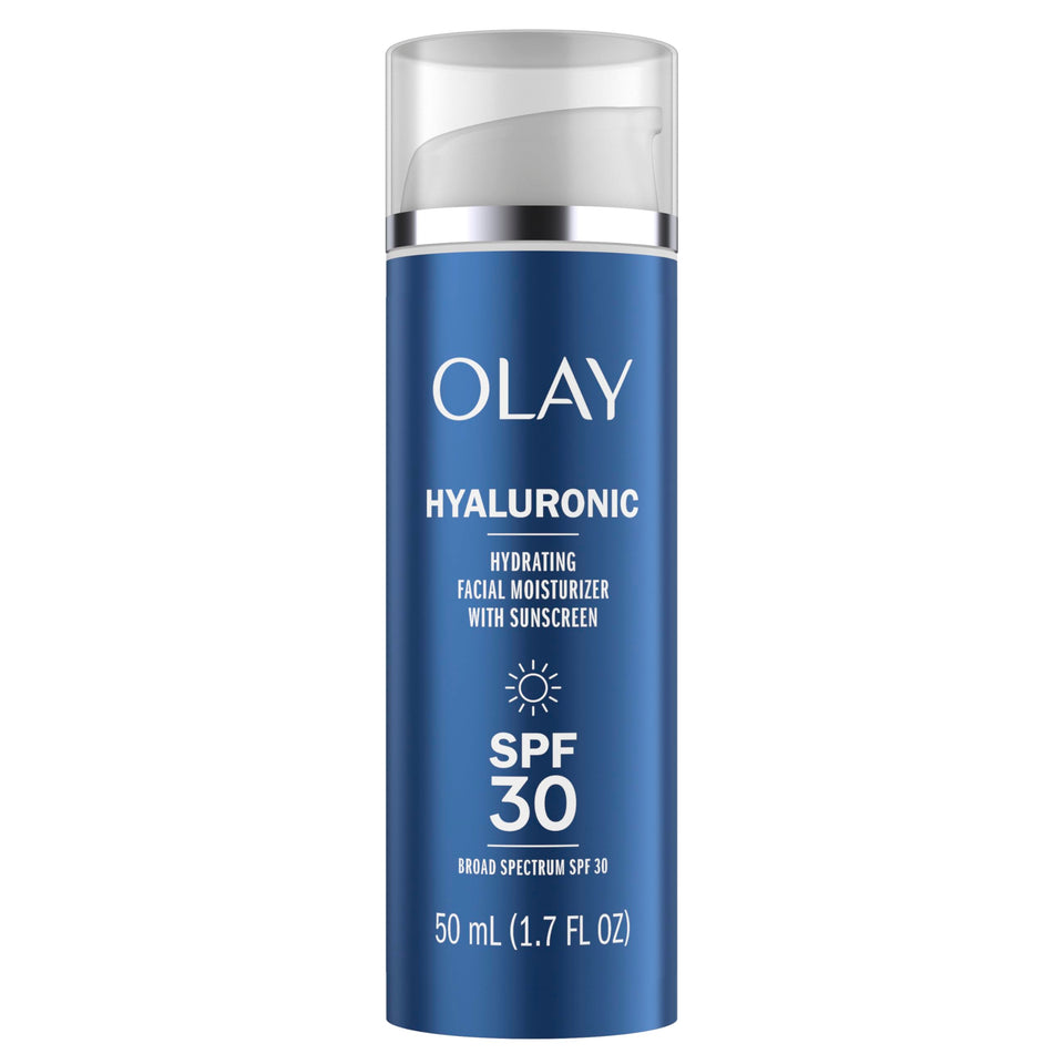 Olay front packaging of hyaluronic SPF30 showing product benefits