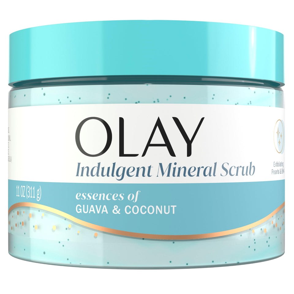 Olay front packaging of Indulgent Mineral Scrub showing product and scent benefits