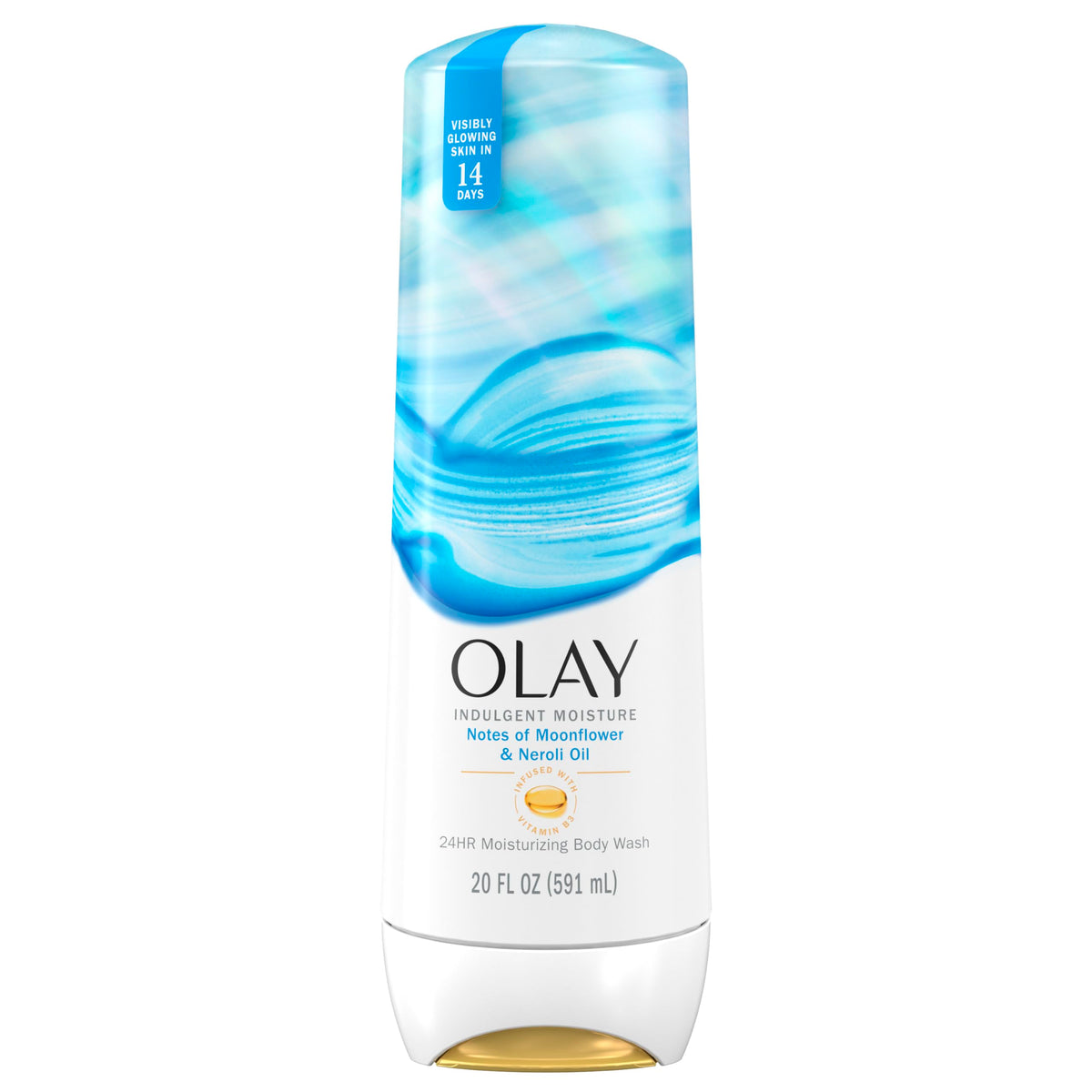 Olay front packaging showing indulgent moisture bottle and clear labeling benefits
