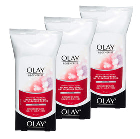 Olay front packaging showing regenerist wipes and count with travel benefit