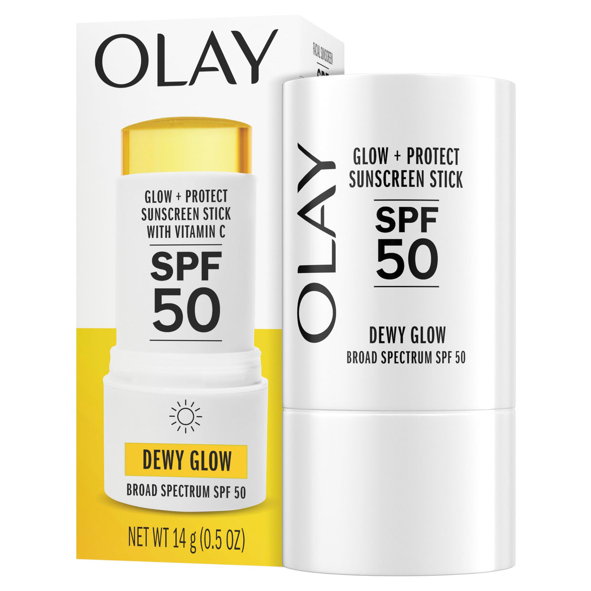 Olay front packaging of sunscreen stick showing compact travel size and SPF 50 benefit