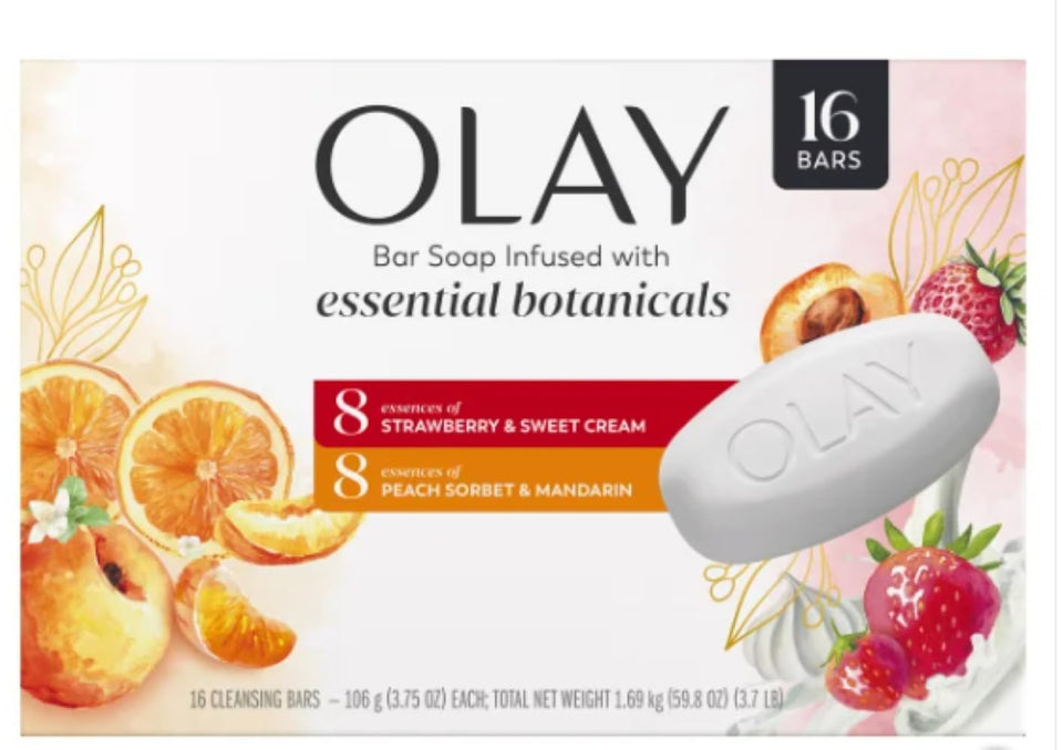 Olay front packaging showing 16-pack bars and scent labels for easy selection and value