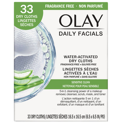 Olay front packaging showing 33 cloths and compact benefit