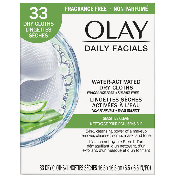 Olay front packaging showing 33 cloths and compact benefit