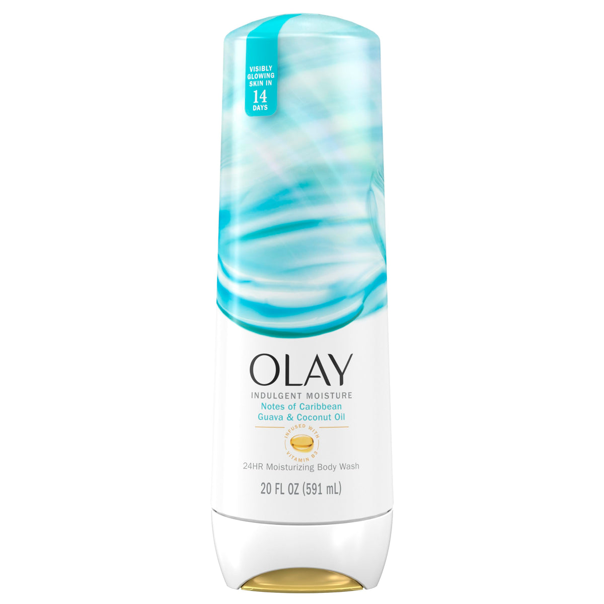 Olay front bottle showing guava and coconut scent and vibrant packaging benefit: indulgent fragrance