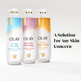 Olay hand applying wash on loofah showing gentle cleanse and softening benefit