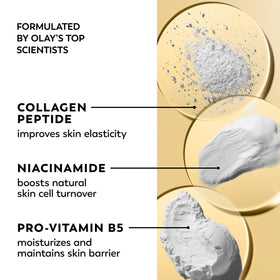 Olay ingredient label closeup showing collagen peptide and niacinamide benefits