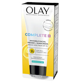 Olay ingredients label highlighting aloe, vitamin C and E for skin-nourishing support