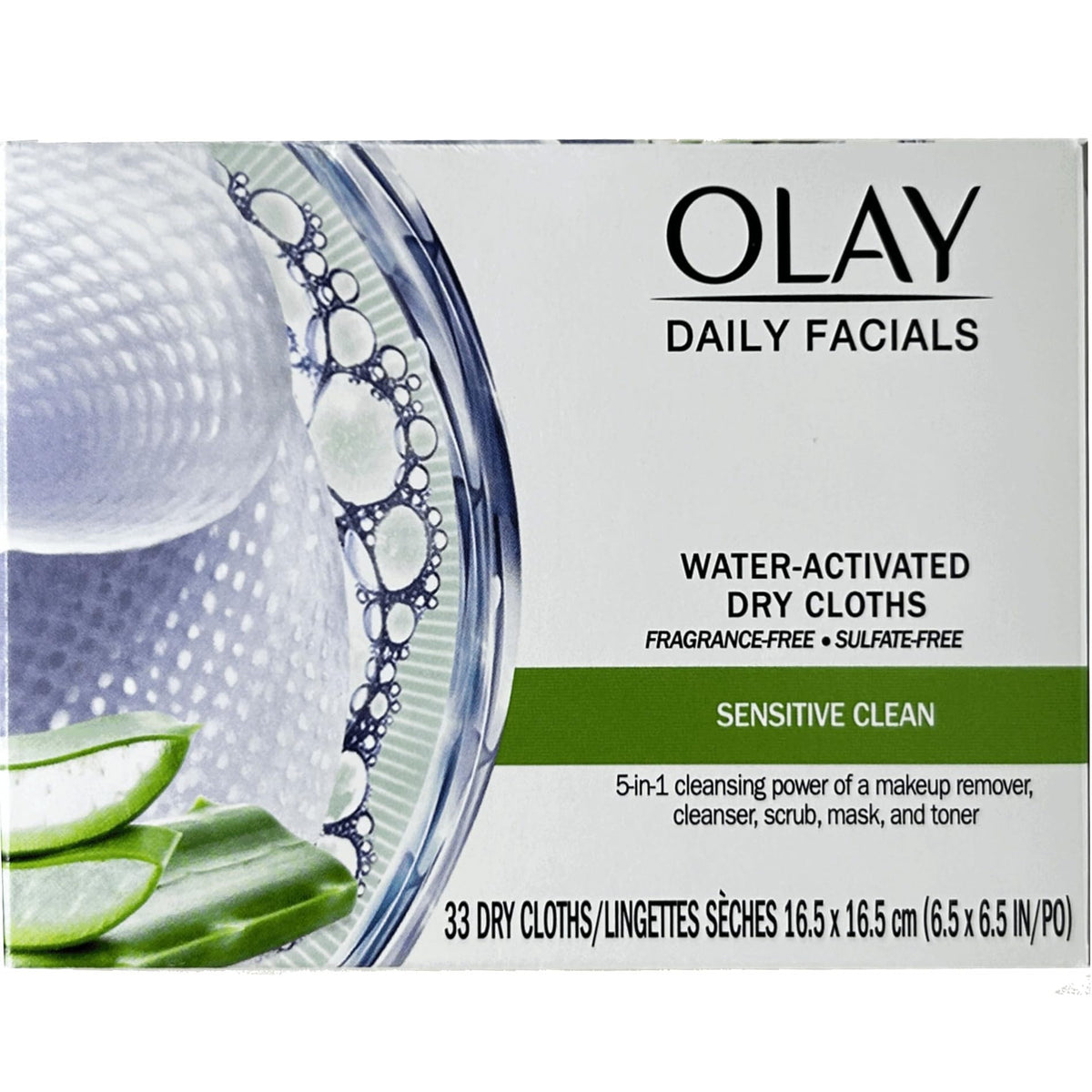 Olay label close-up highlighting fragrance-free aloe ingredients