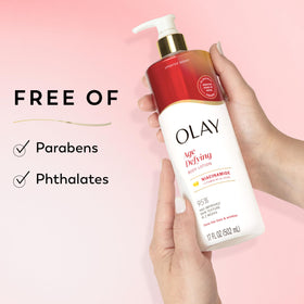 Olay label close-up showing ingredients and visible skin-improving benefit
