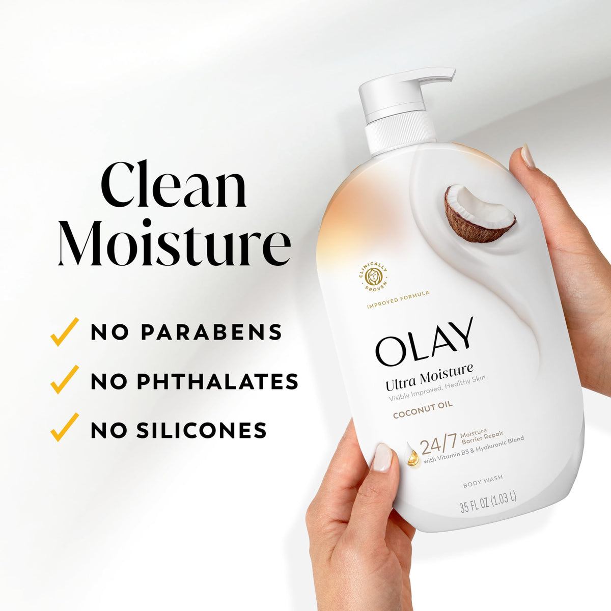 Olay on shower shelf lifestyle image conveying daily use and freshness