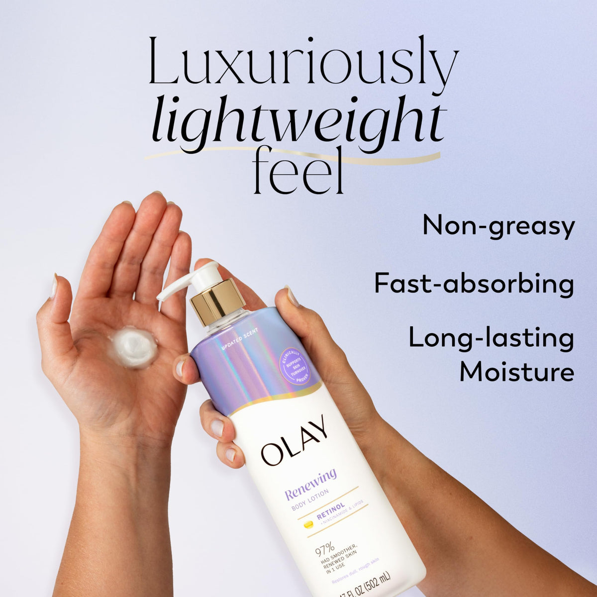 Olay label close-up highlighting 17 fl oz size and ingredient callouts
