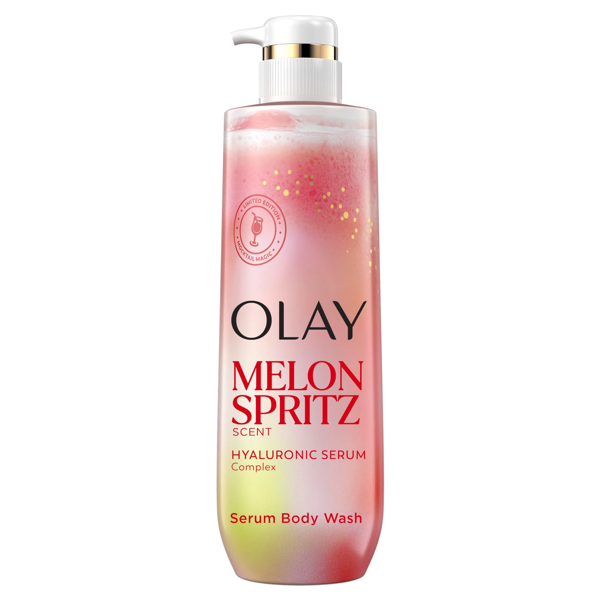 Olay front bottle showing Melon Spritz label and hydration benefit