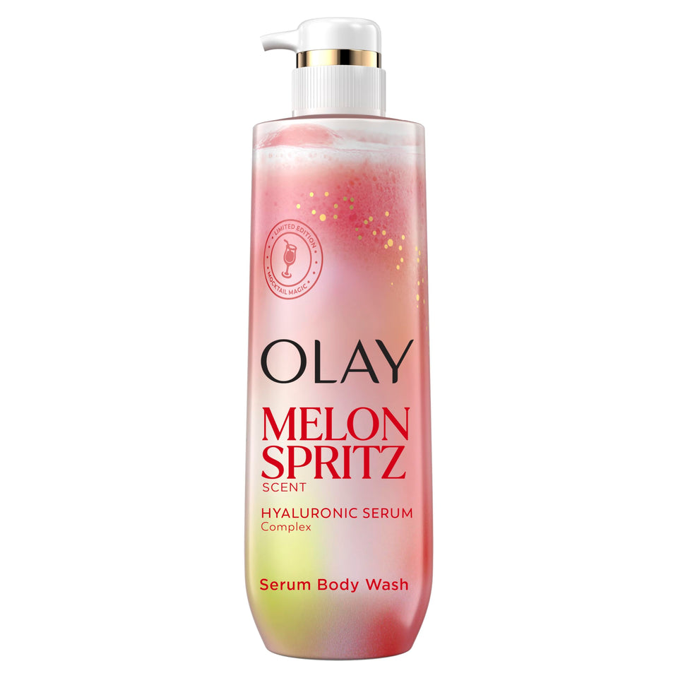 Olay front bottle showing Melon Spritz label and hydration benefit