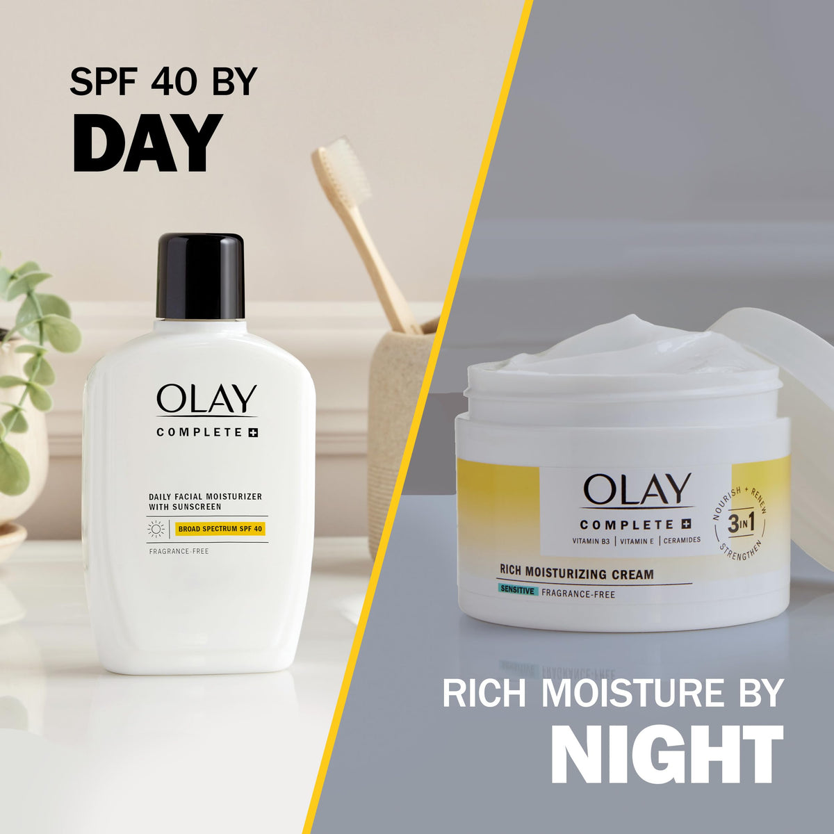 Olay cream in morning and evening setting suggesting versatile use
