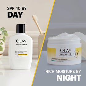 Olay cream in morning and evening setting suggesting versatile use
