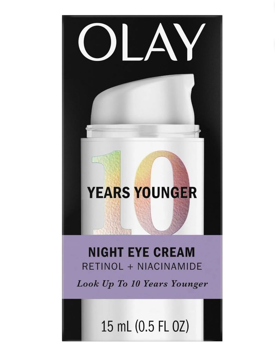 Olay night eye cream jar front view showing clean packaging and restorative benefits