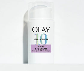 Close-up texture of Olay eye cream demonstrating creamy hydration and smooth finish
