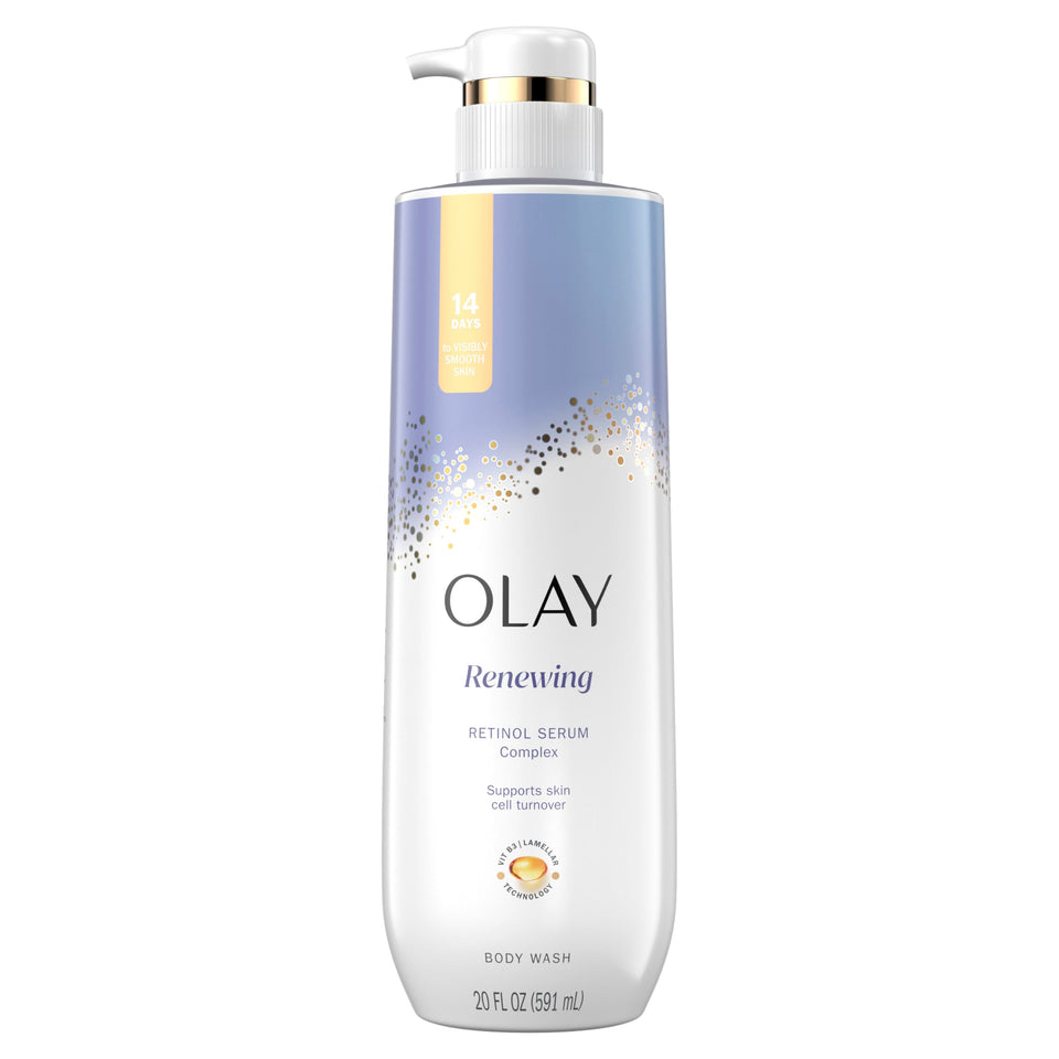 Olay nighttime body wash front bottle showing label and benefits