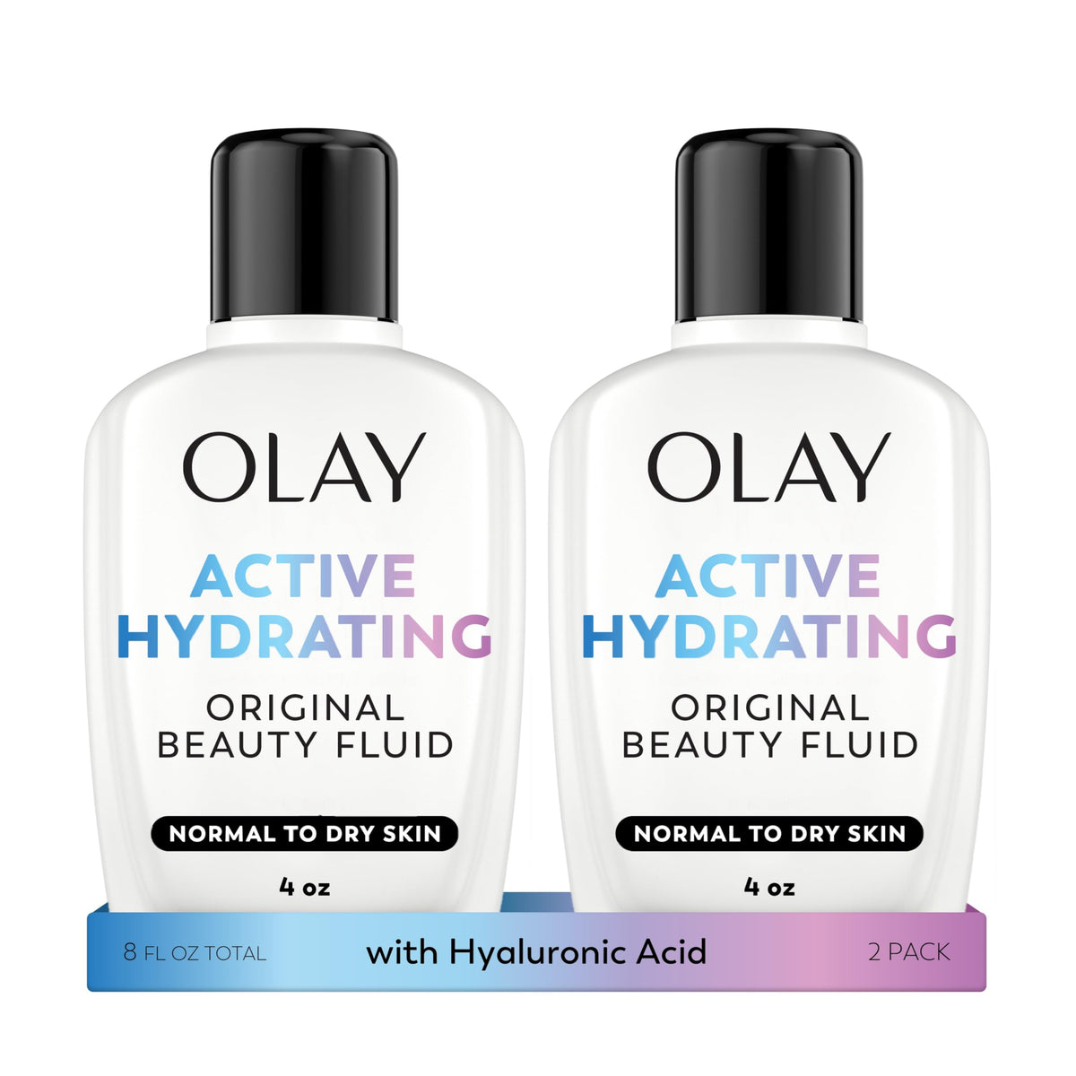 Olay front packaging showing bottle and brand for trusted daily hydration
