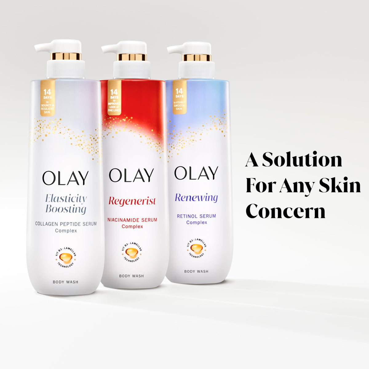 Olay pack of four bottles arranged to show value multipack