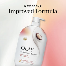 Olay bottle next to Olay lotion showing recommended cleanse-and-lock routine