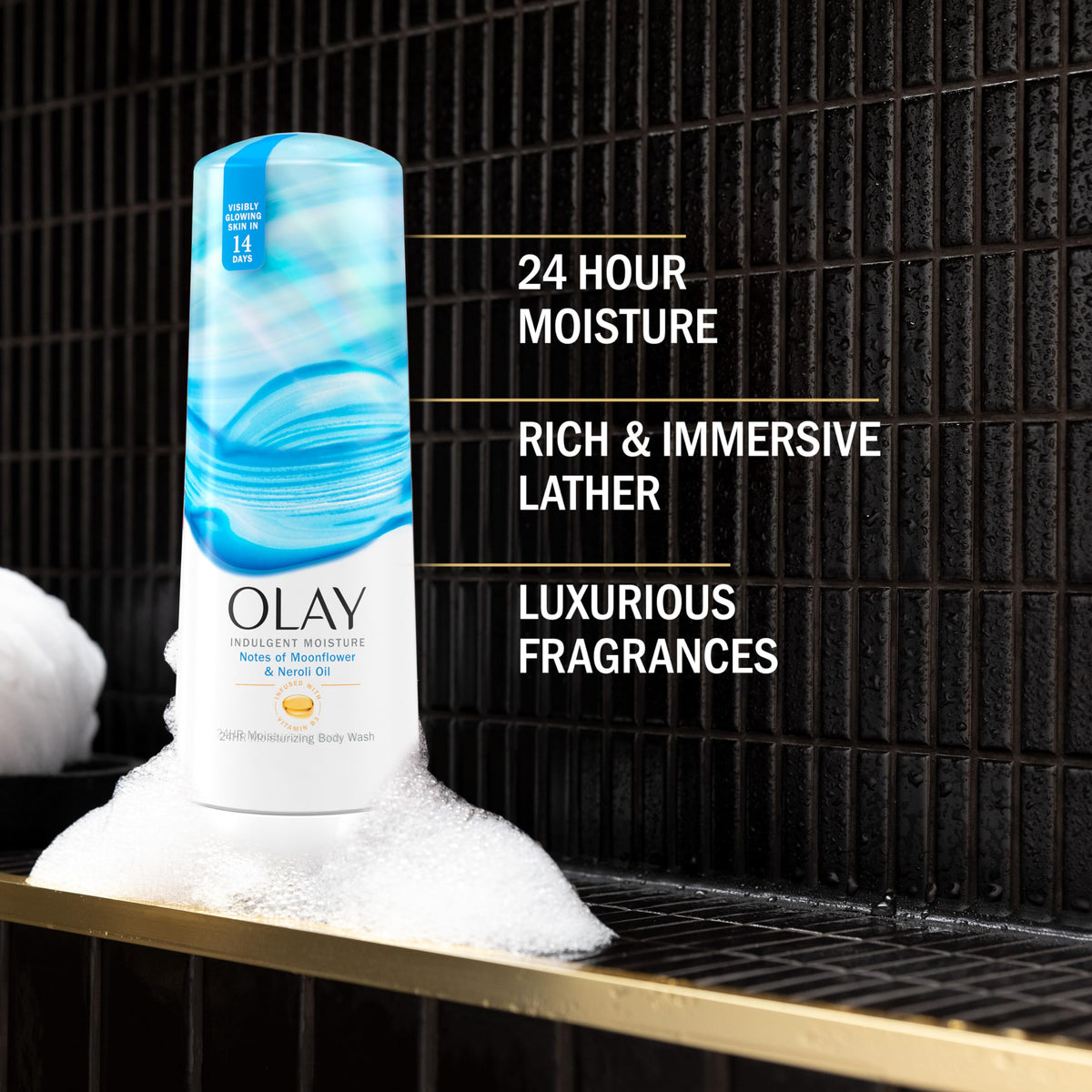 Olay body wash pouring into hand demonstrating rich lather and gentle cleanse