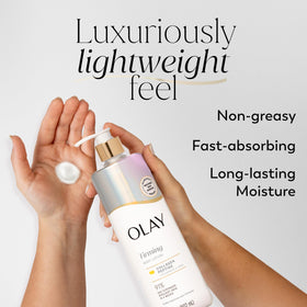 Olay pump close-up highlighting easy dispensing and fast absorption