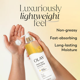 Olay pump close-up demonstrating easy dispensing and controlled use benefit