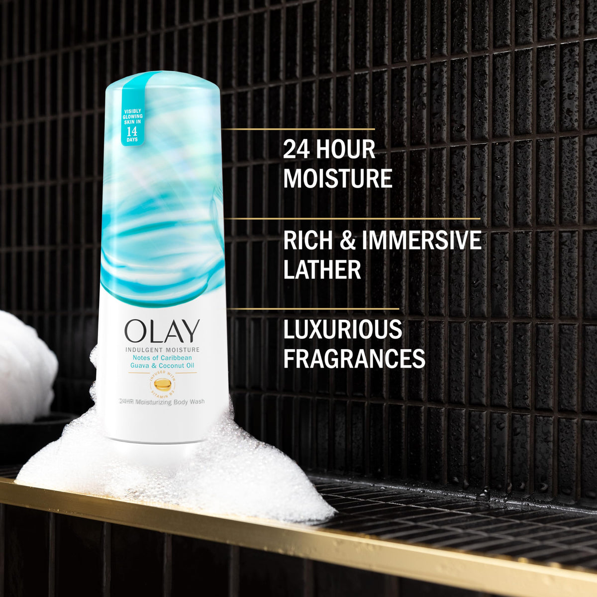 Olay pump dispensing creamy lather for easy use and smooth application benefit: rich foam