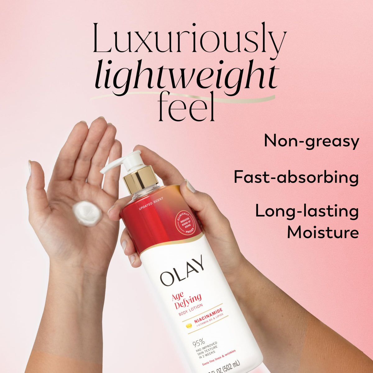Olay pump dispensing creamy lotion texture for fast absorption benefit