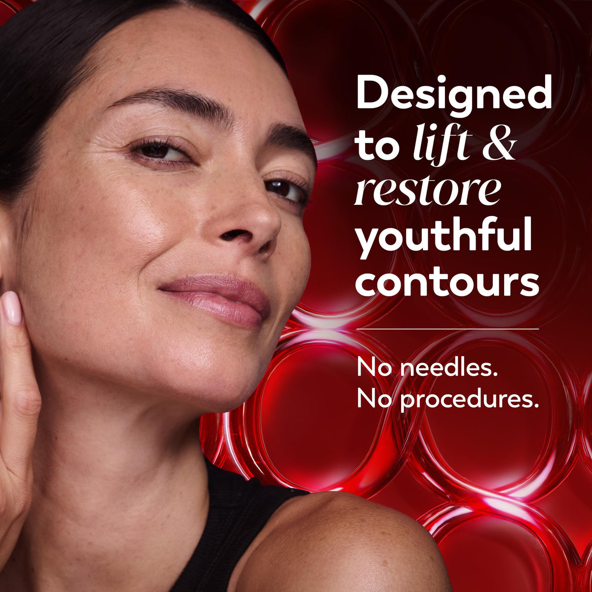 Olay being rolled onto décolleté for smoothing and hydration
