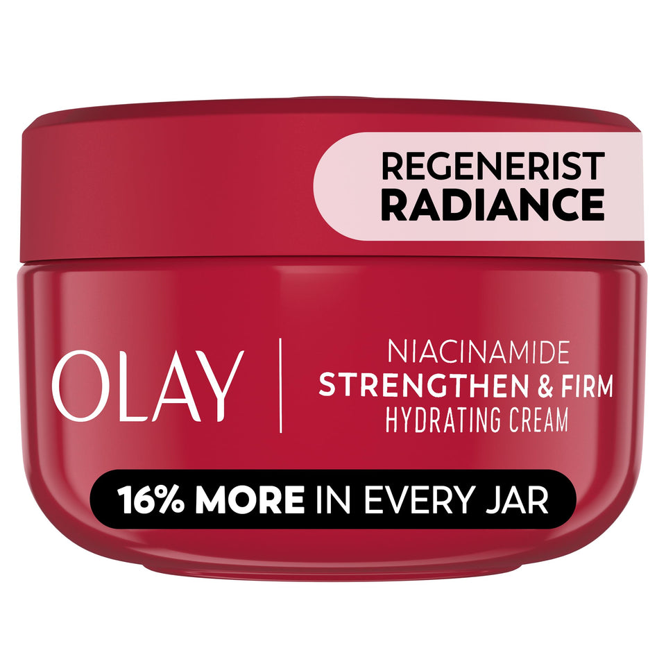 Olay jar front view showing product and brand benefits