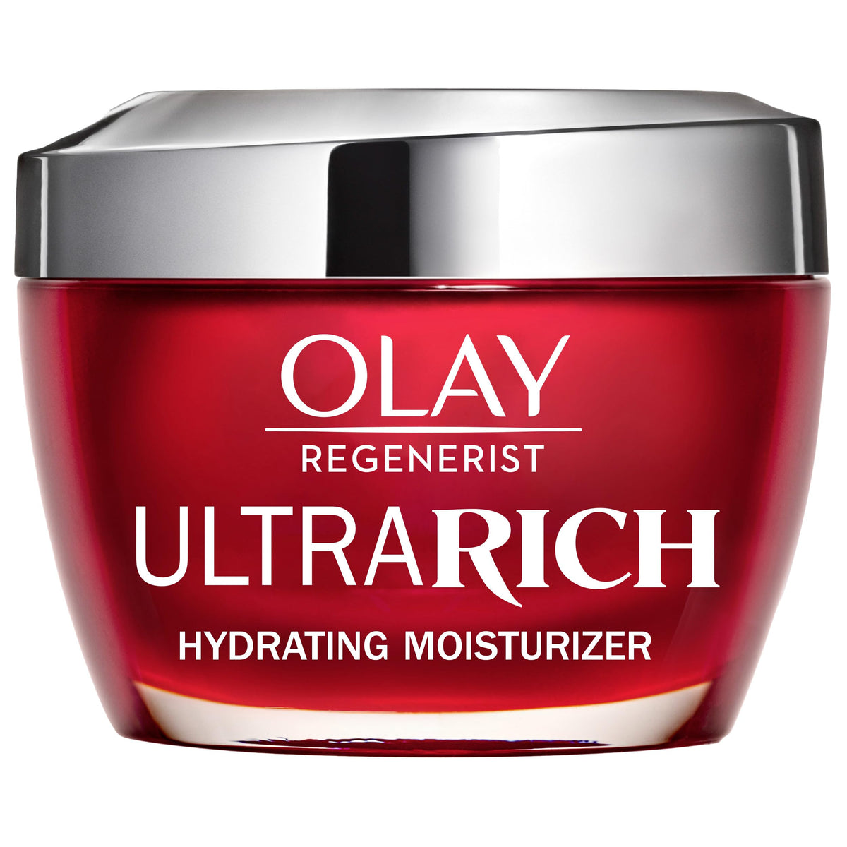 Olay Regenerist front jar showing red cap and rich moisturiser for deep hydration
