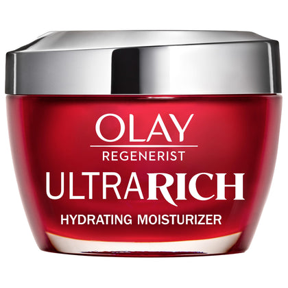 Olay Regenerist front jar showing red cap and rich moisturiser for deep hydration
