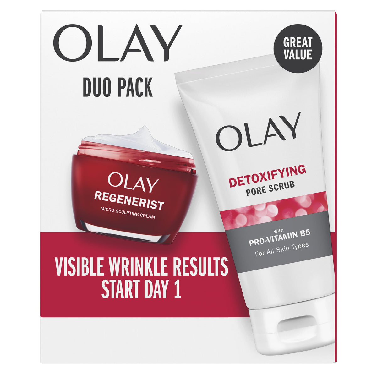 Olay front packaging of the duo showing both cleanser and cream for easy routine