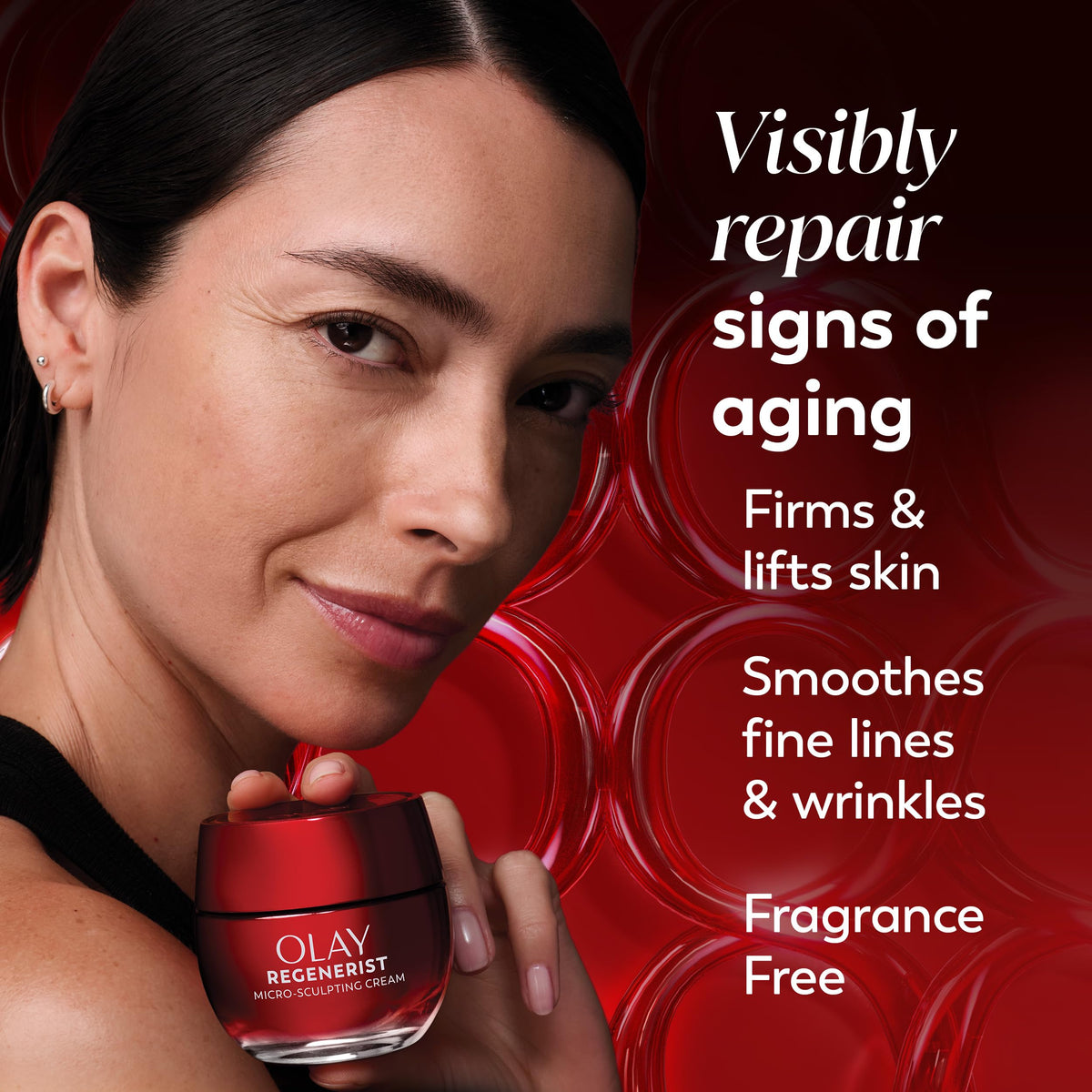 Olay product label close-up listing peptides and niacinamide for skin support