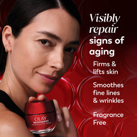 Olay product label close-up listing peptides and niacinamide for skin support