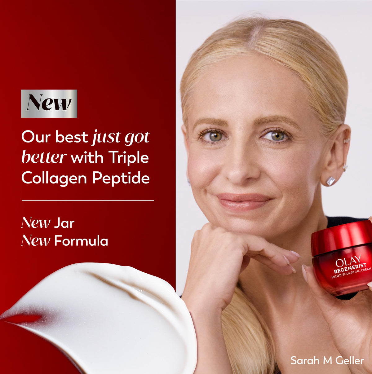 Olay cream texture close-up showing smooth formula and fast absorption benefit