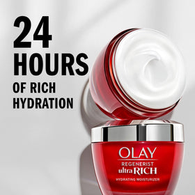 Olay Regenerist open jar displaying creamy texture and moisturizing payoff