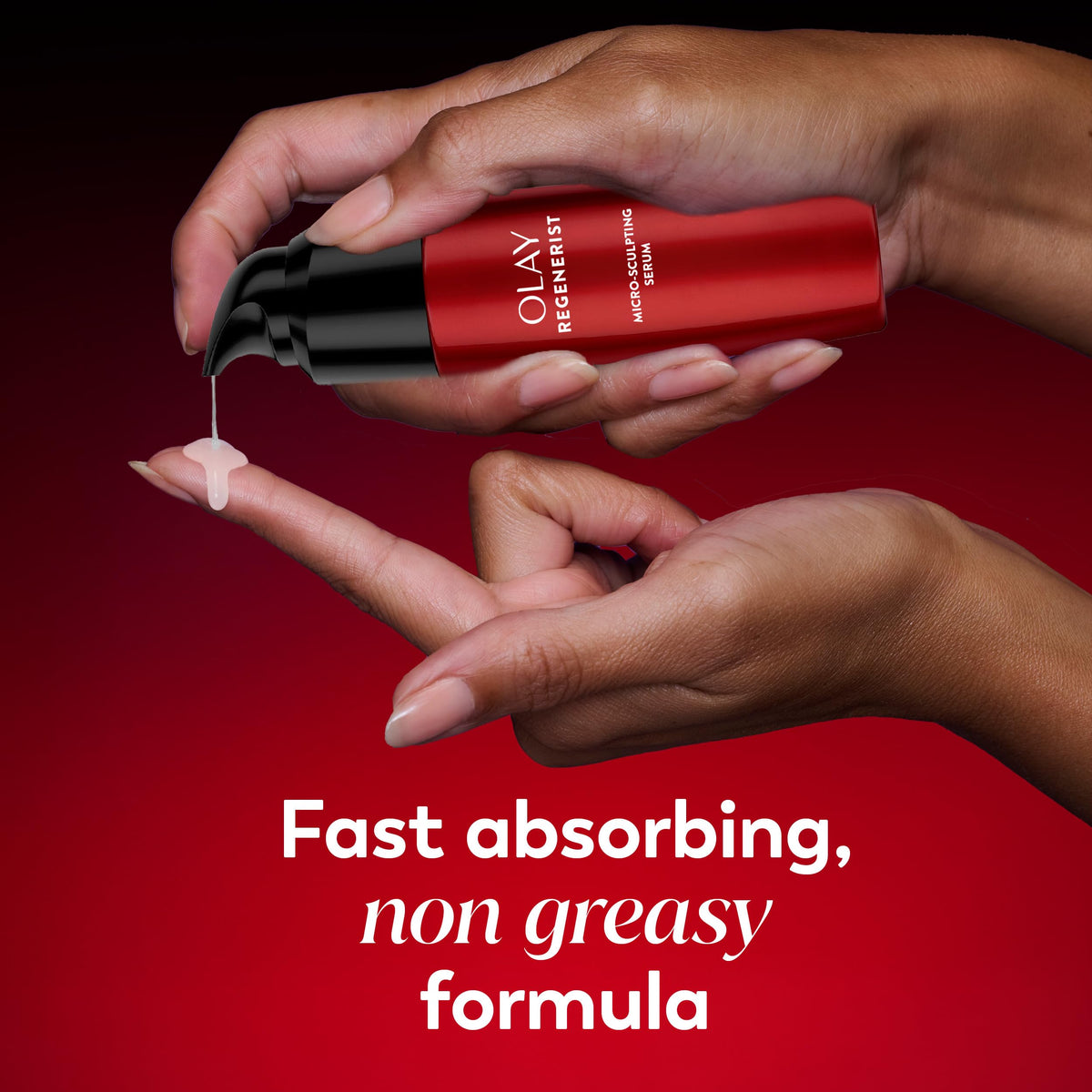 Olay creamy-serum texture close-up highlighting fast absorption