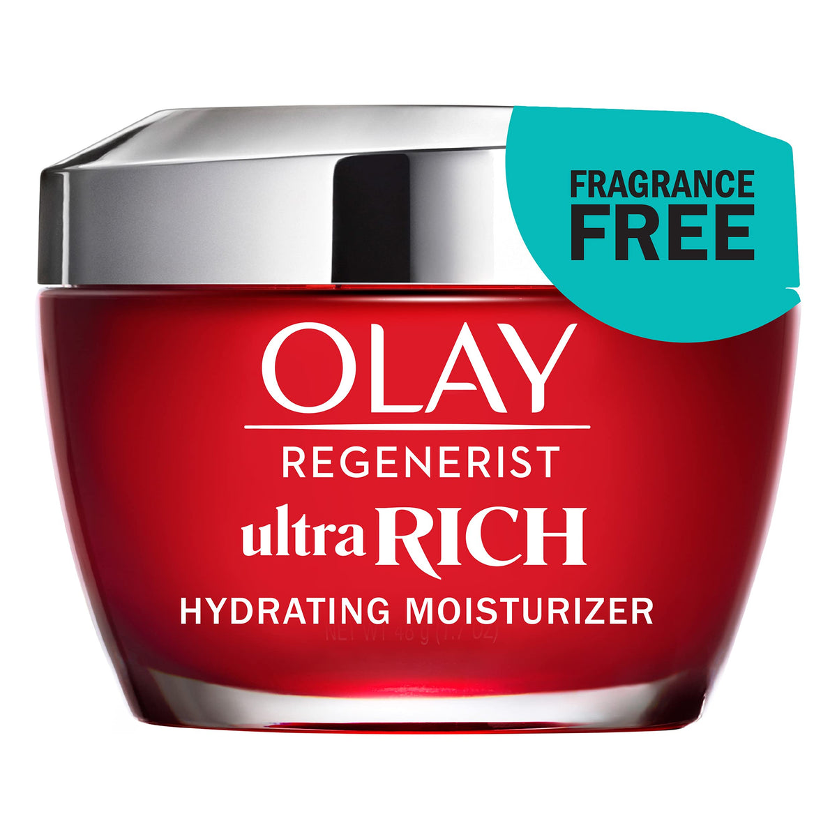 Olay front jar showing elegant label and rich moisturizer benefits