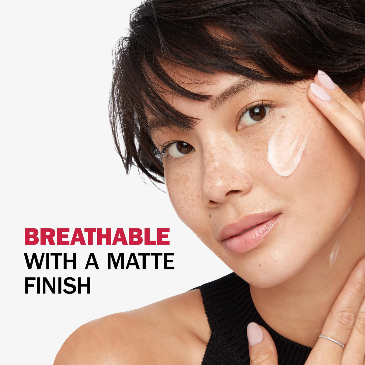 Olay application on cheek showing smooth, primer-ready skin surface