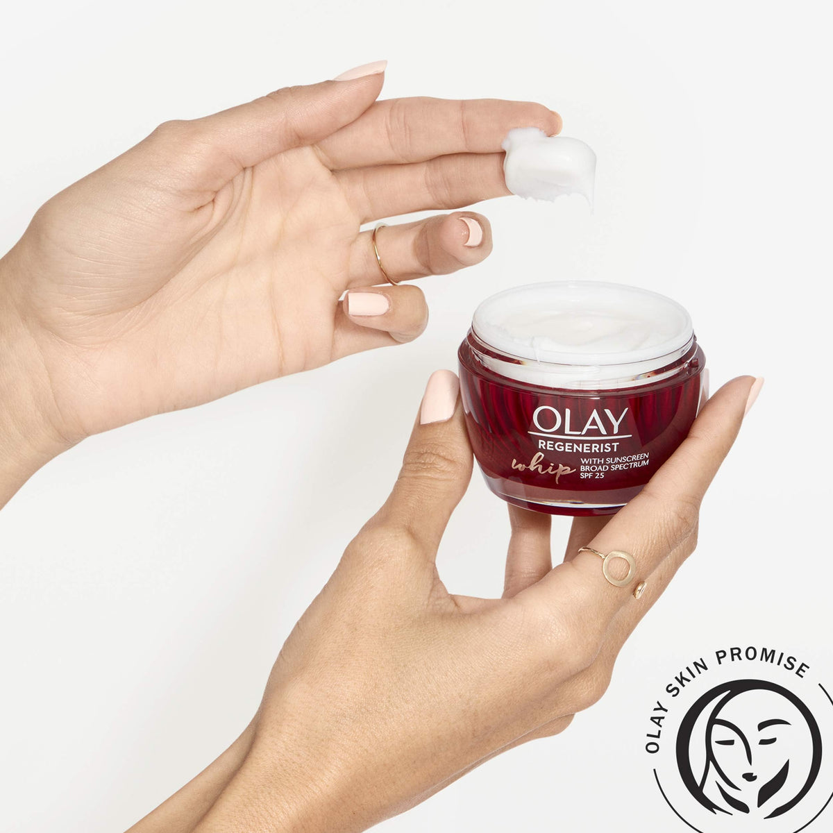 Olay Regenerist Whip applied on hand demonstrating fast absorption benefit