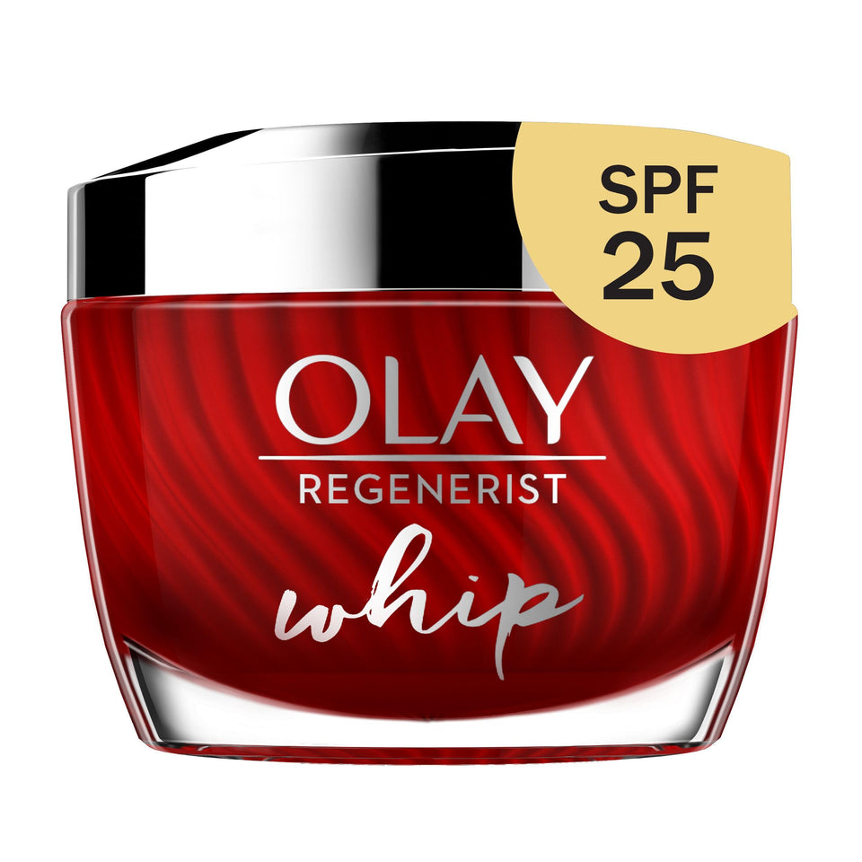 Olay Regenerist Whip front jar showing product and compact size benefits